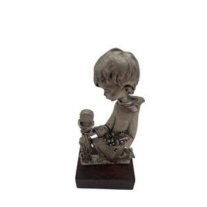 Vintage Pewter Boy Chalice Figurine On Wooden Base 3.5 Inches Tall
